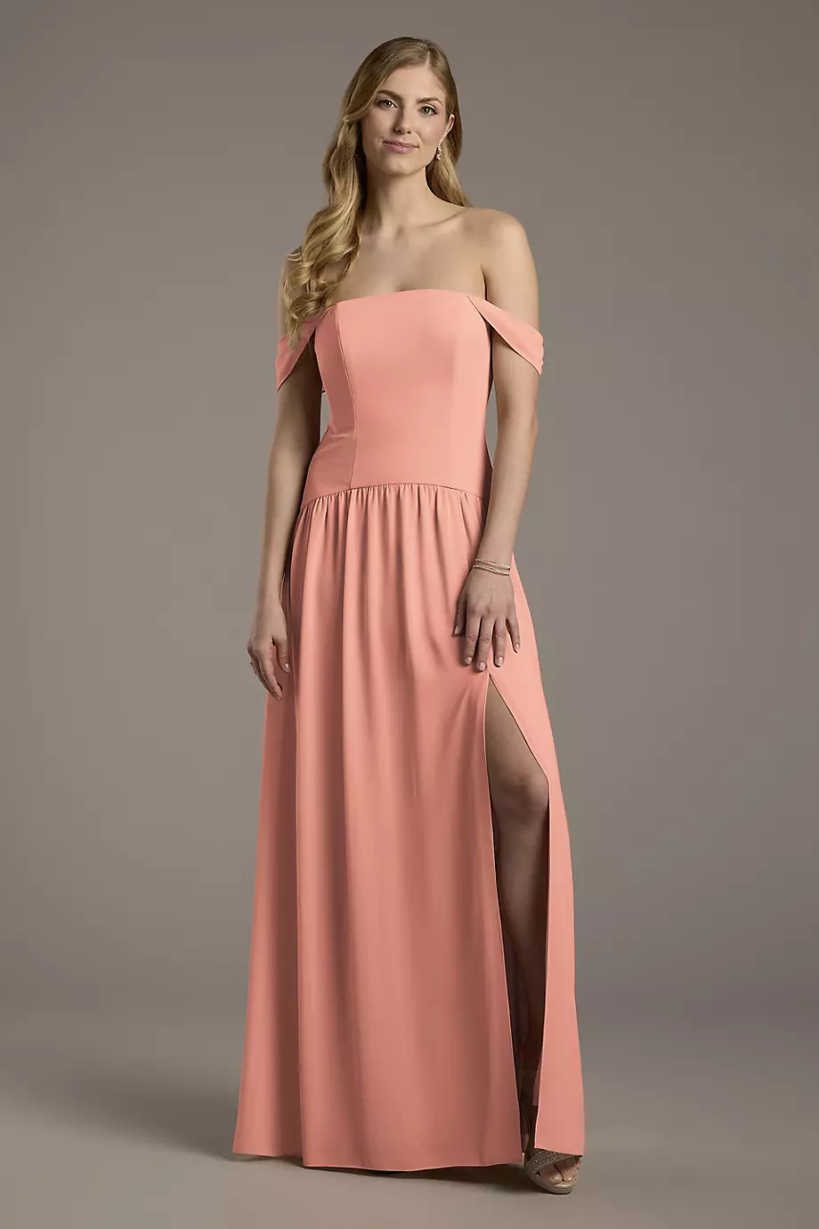 Celebrate DB Studio Chiffon Curved Drop Waist Off-The-Shoulder Dress in Desert Coral Size: 22 David's Bridal