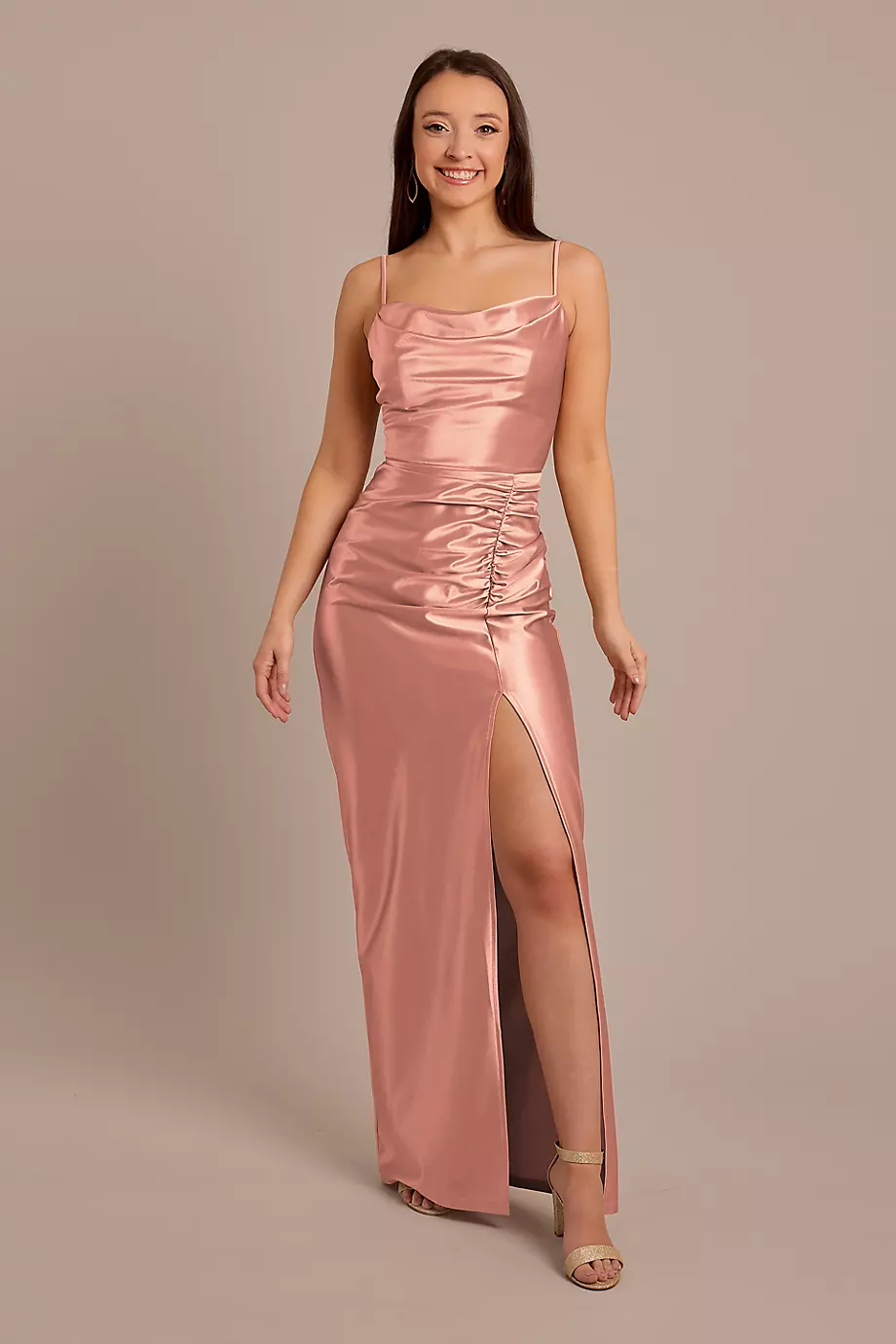 Celebrate DB Studio Sculpting Satin Cowl Neck Ruched Dress in Desert Coral Size: 22 David's Bridal