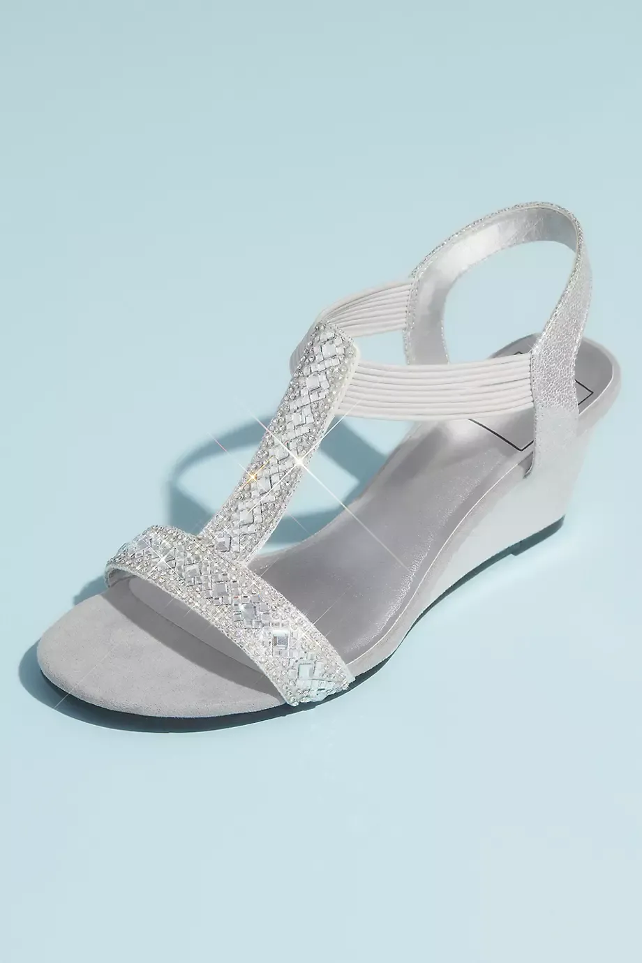 New York Transit Crystal Pull On Metallic T-Strap Wedge Sandals in Silver Size: 7W David's Bridal