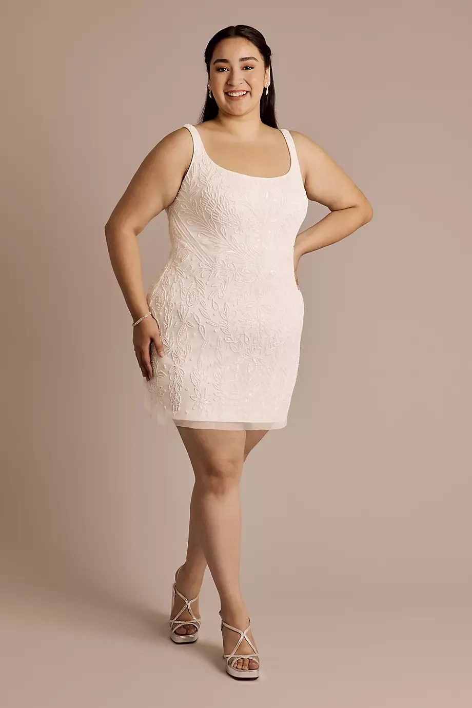 DB Studio Beaded Square Neck Mini Dress in Soft White Size: 18W David's Bridal