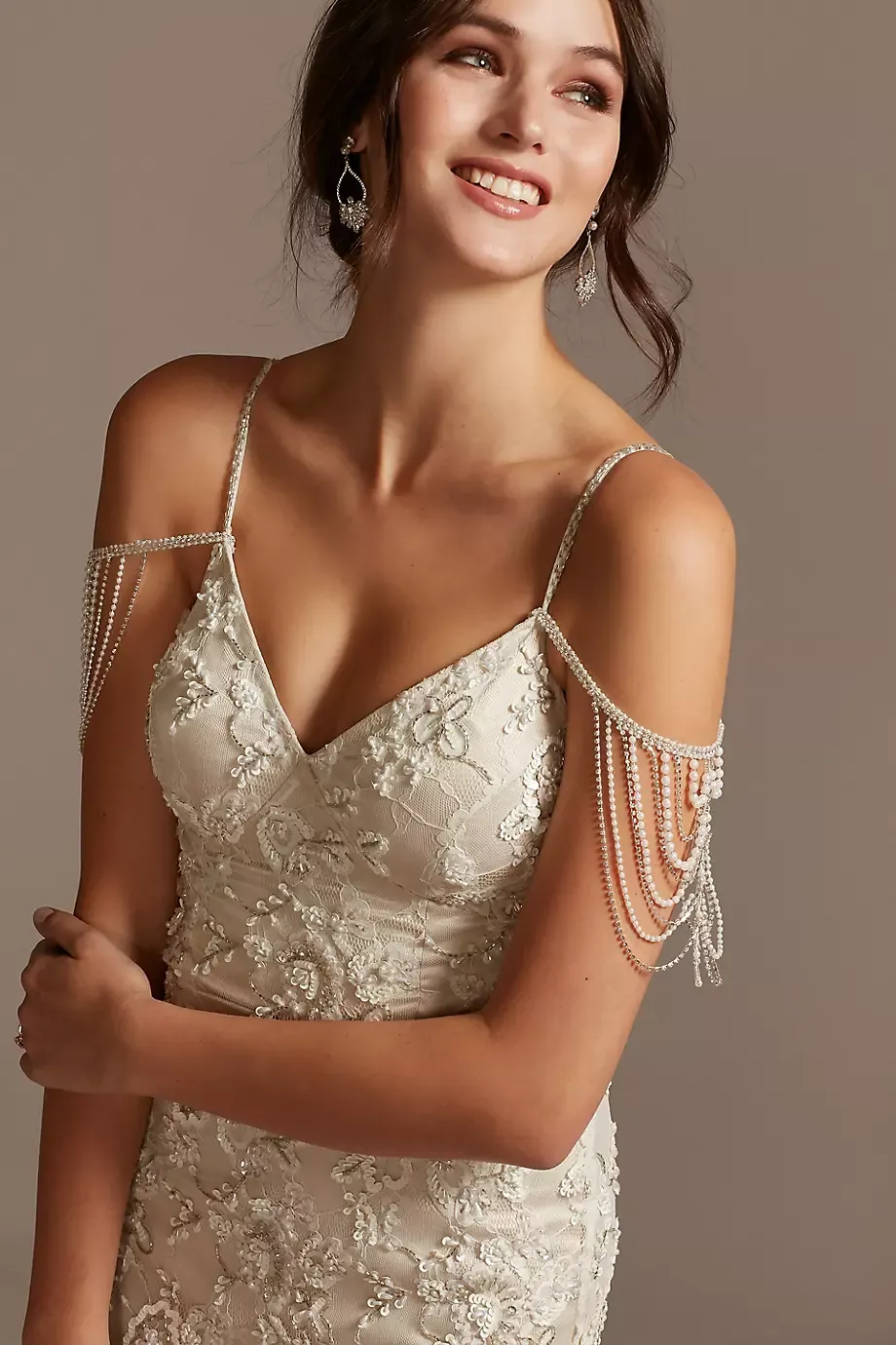 Pearl Crystal And Bead Detachable Spaghetti Straps in Ivory Size: PLUS David's Bridal