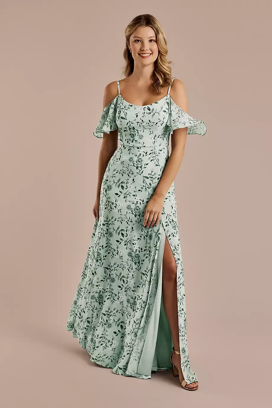 Celebrate DB Studio Floral Chiffon Cold-Shoulder Dress in Green Rose Floral Print Size: 18 David's Bridal