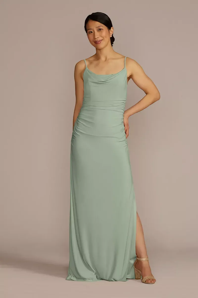 Celebrate DB Studio Ruched Jersey Spaghetti Strap Dress in Dusty Sage Size: 14 David's Bridal