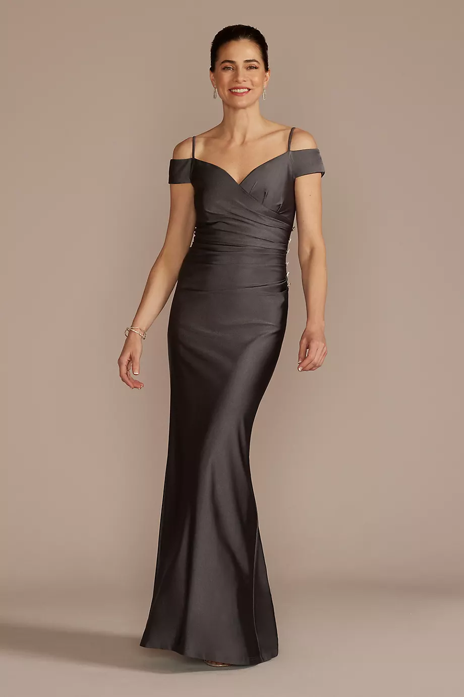 Oleg Cassini Off-The-Shoulder Ruched Sheath Dress With Buttons in Pewter Size: 4 David's Bridal
