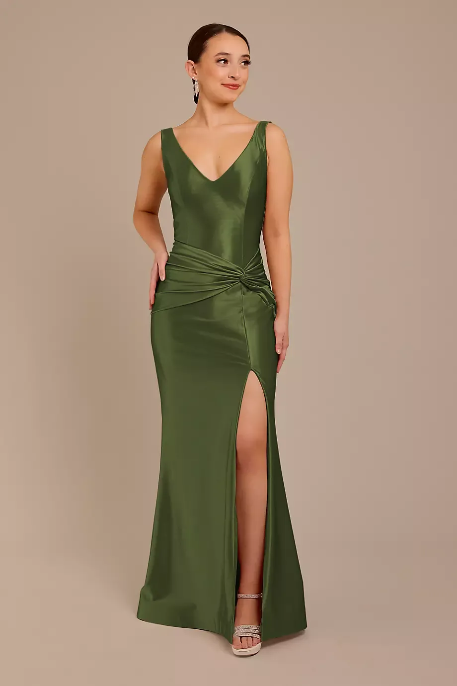 Galina Signature Sculpting Satin Tank Knot Dress in Martini Olive Size: 20 David's Bridal