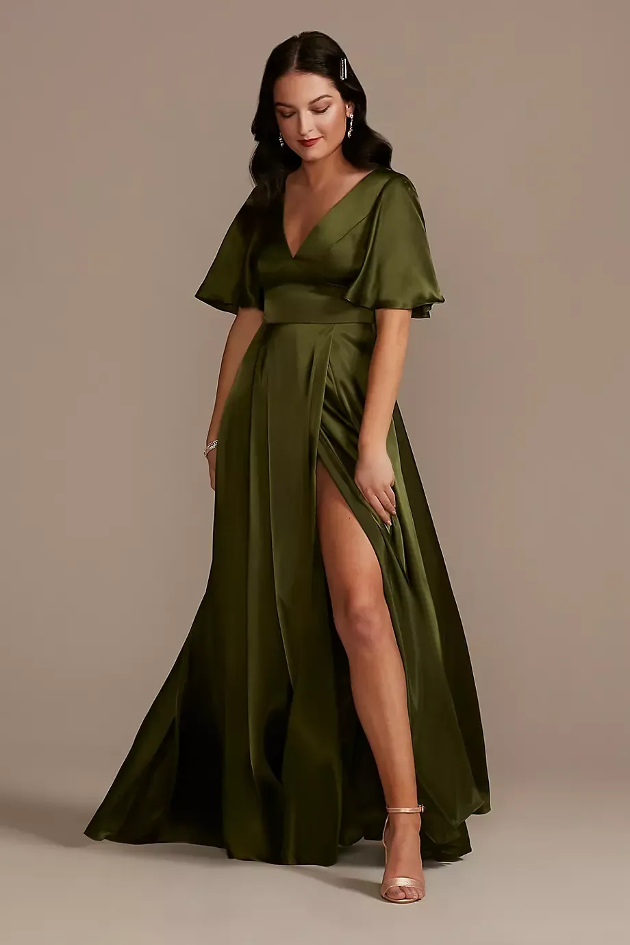 Galina Signature Charmeuse Flutter-Sleeve A-Line Dress in Martini Olive Size: 14 David's Bridal