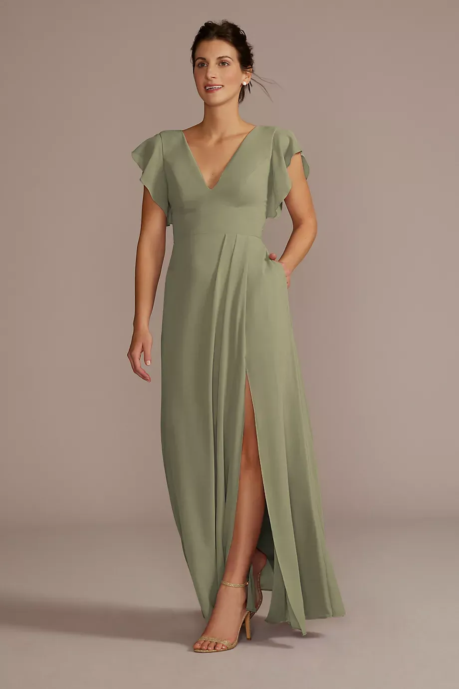 Celebrate DB Studio Tall Flutter Sleeve Chiffon Dress in Eucalyptus Size: 18 David's Bridal
