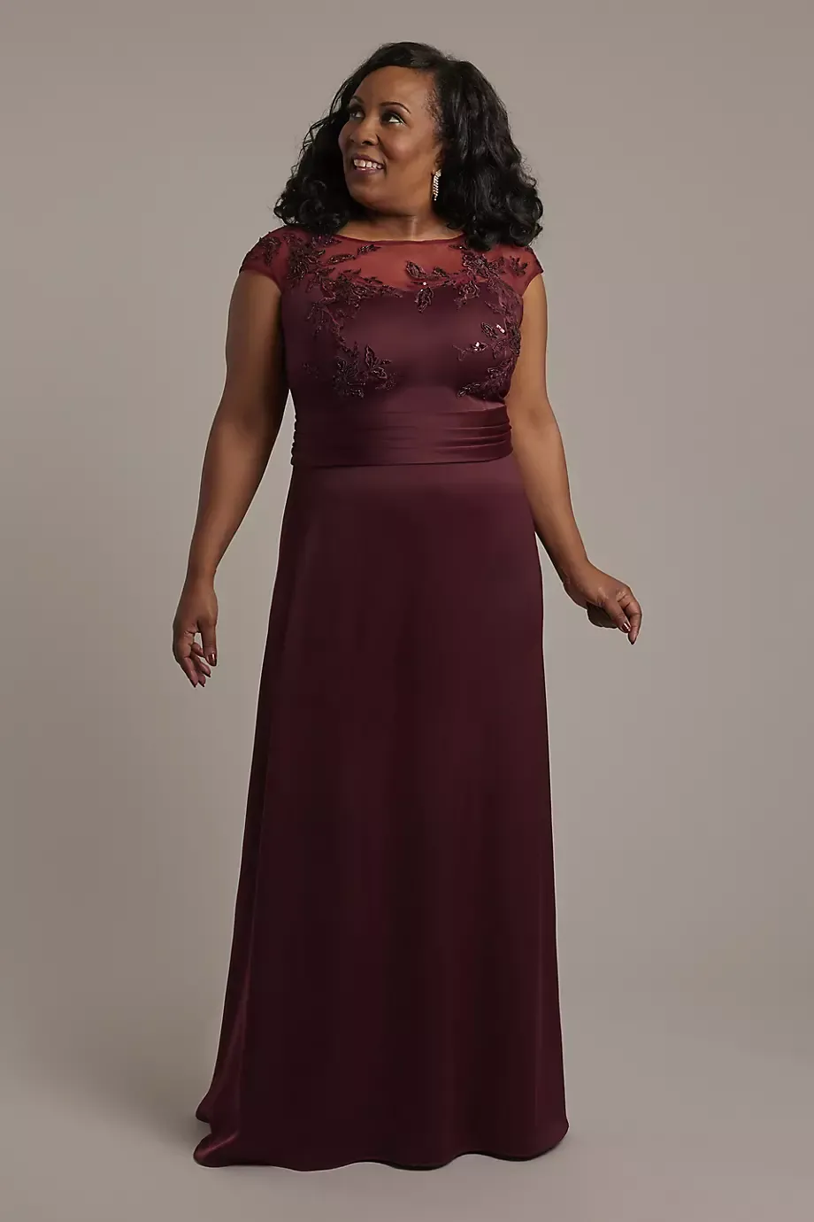 Oleg Cassini Sequin Applique Crepe-Back Satin Slim A-Line Dress in Burgundy Size: 18W David's Bridal
