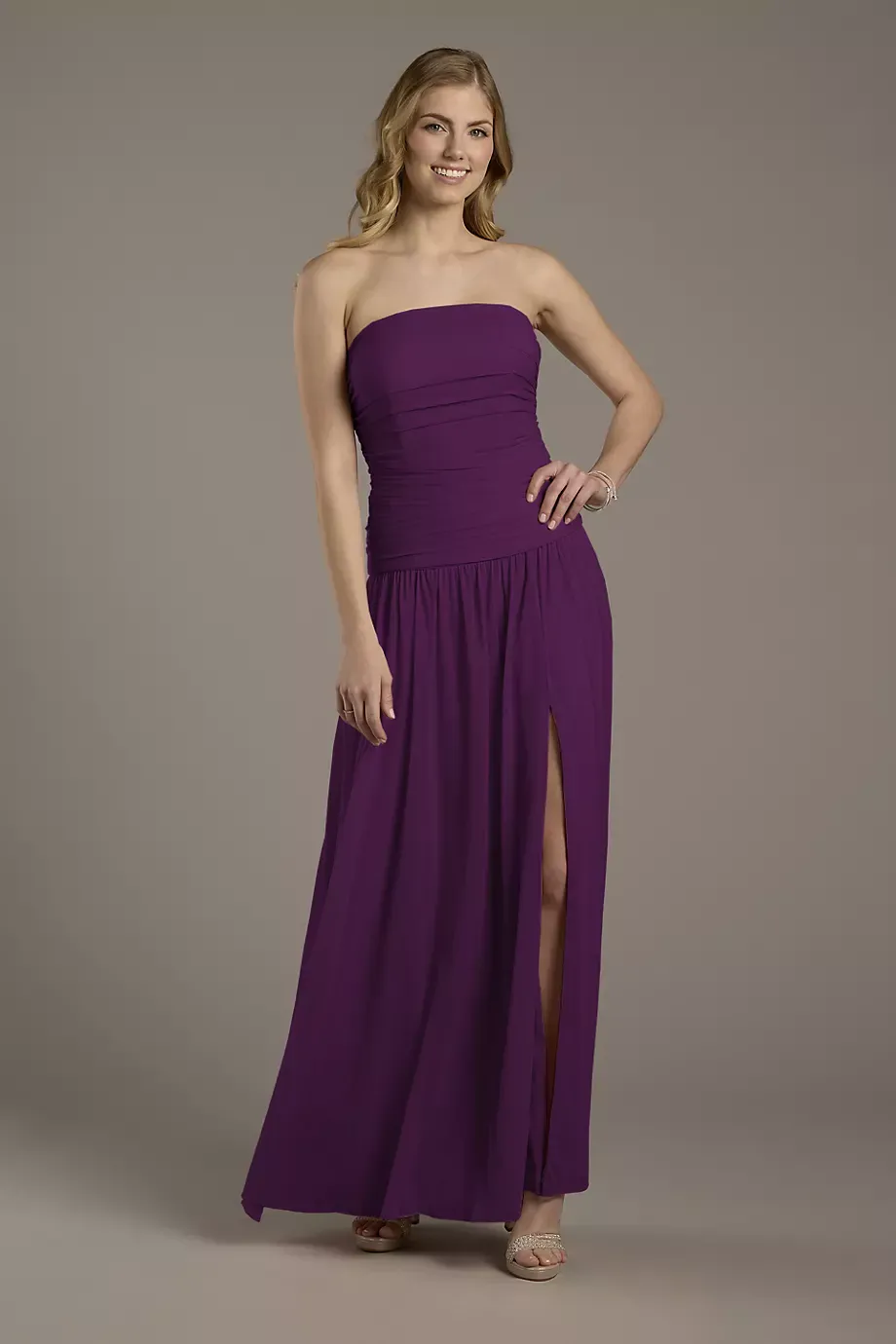 Celebrate DB Studio Mesh Strapless Drop Waist Dress in Plum Size: 4 David's Bridal