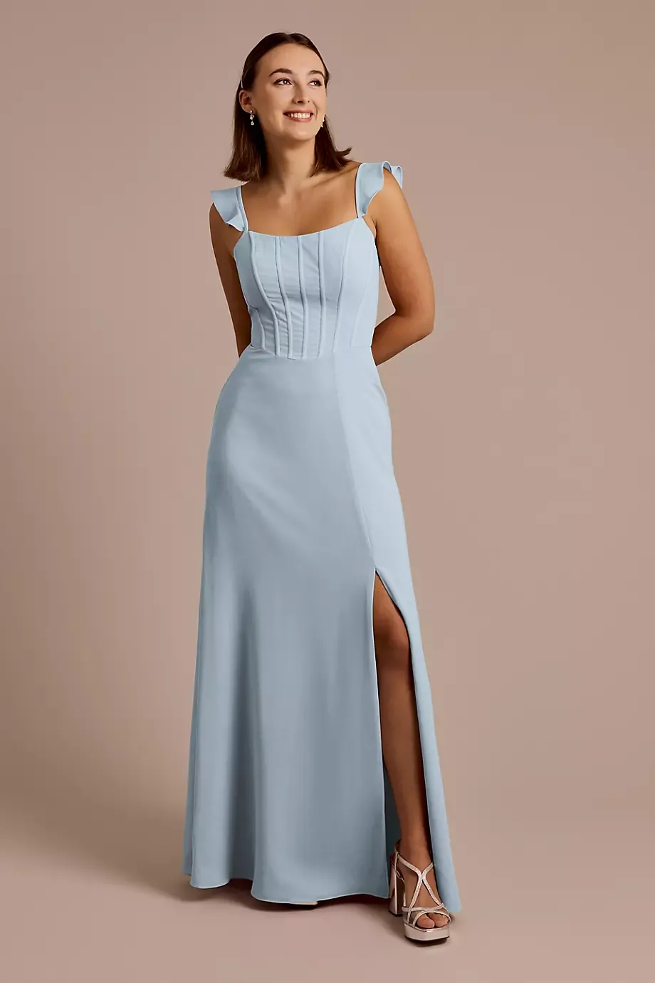 Celebrate DB Studio Chiffon Corset Dress With Flutter Sleeves in Dusty Blue Size: 26 David's Bridal