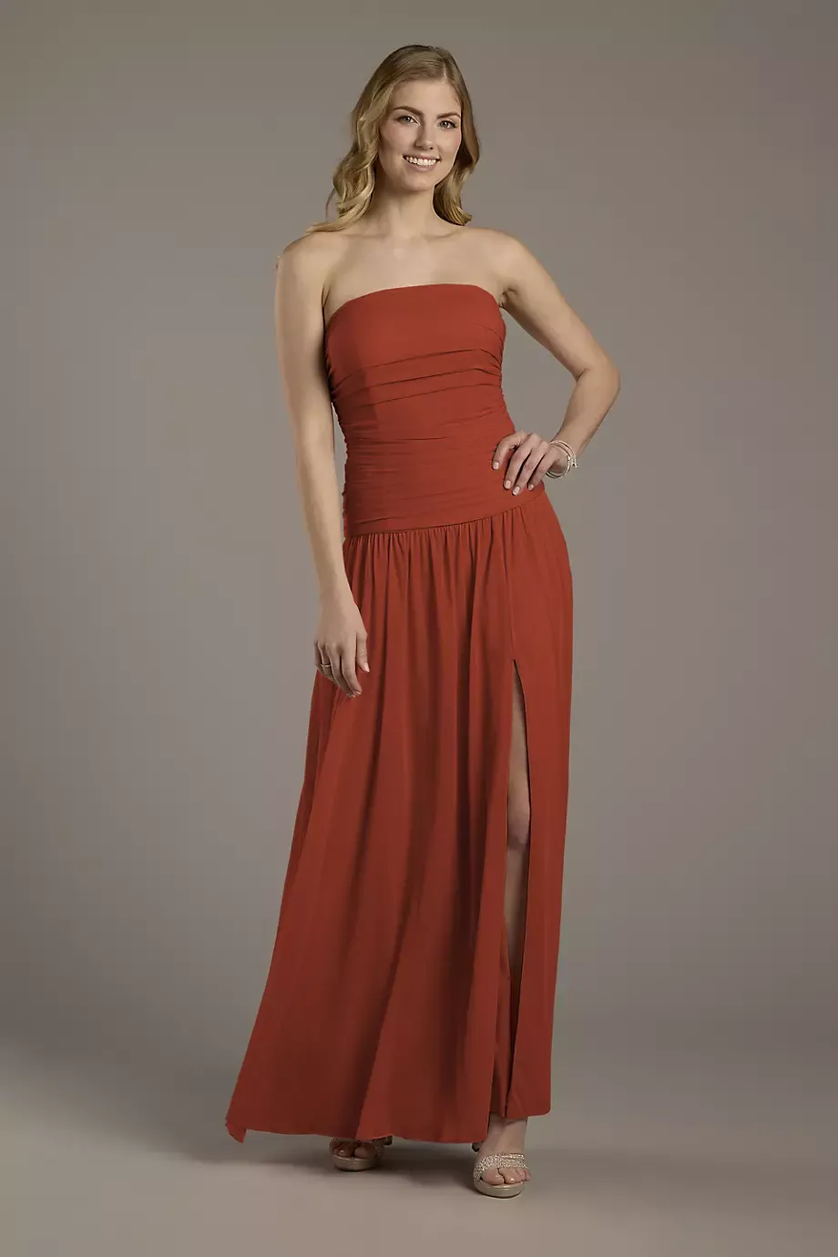 Celebrate DB Studio Mesh Strapless Drop Waist Dress in Cinnamon Size: 14 David's Bridal