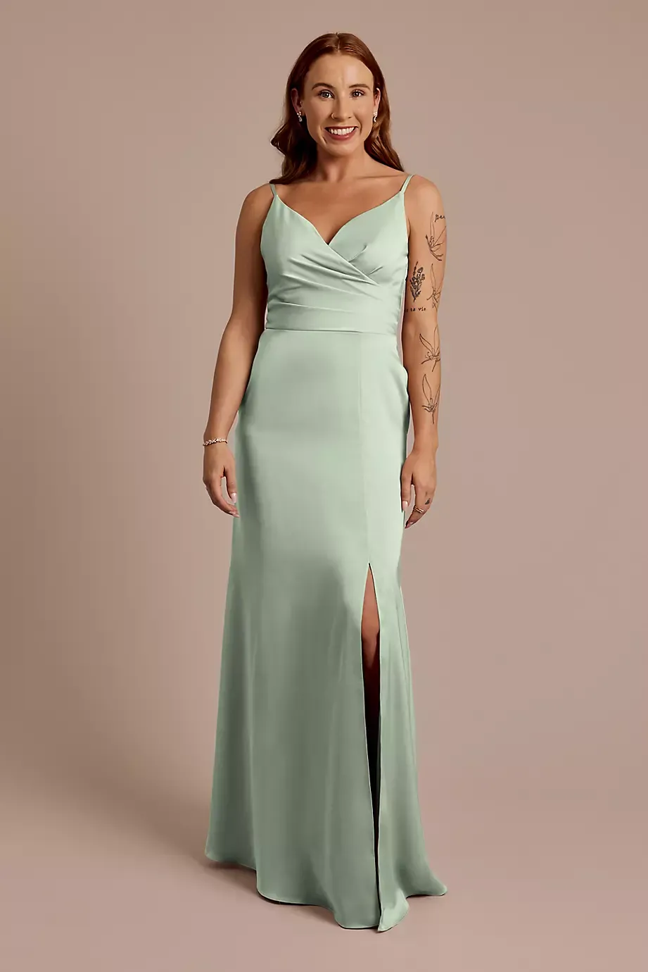 Celebrate DB Studio Matte Satin Spaghetti Strap Surplice A-Line Dress in Dusty Sage Size: 12 David's Bridal