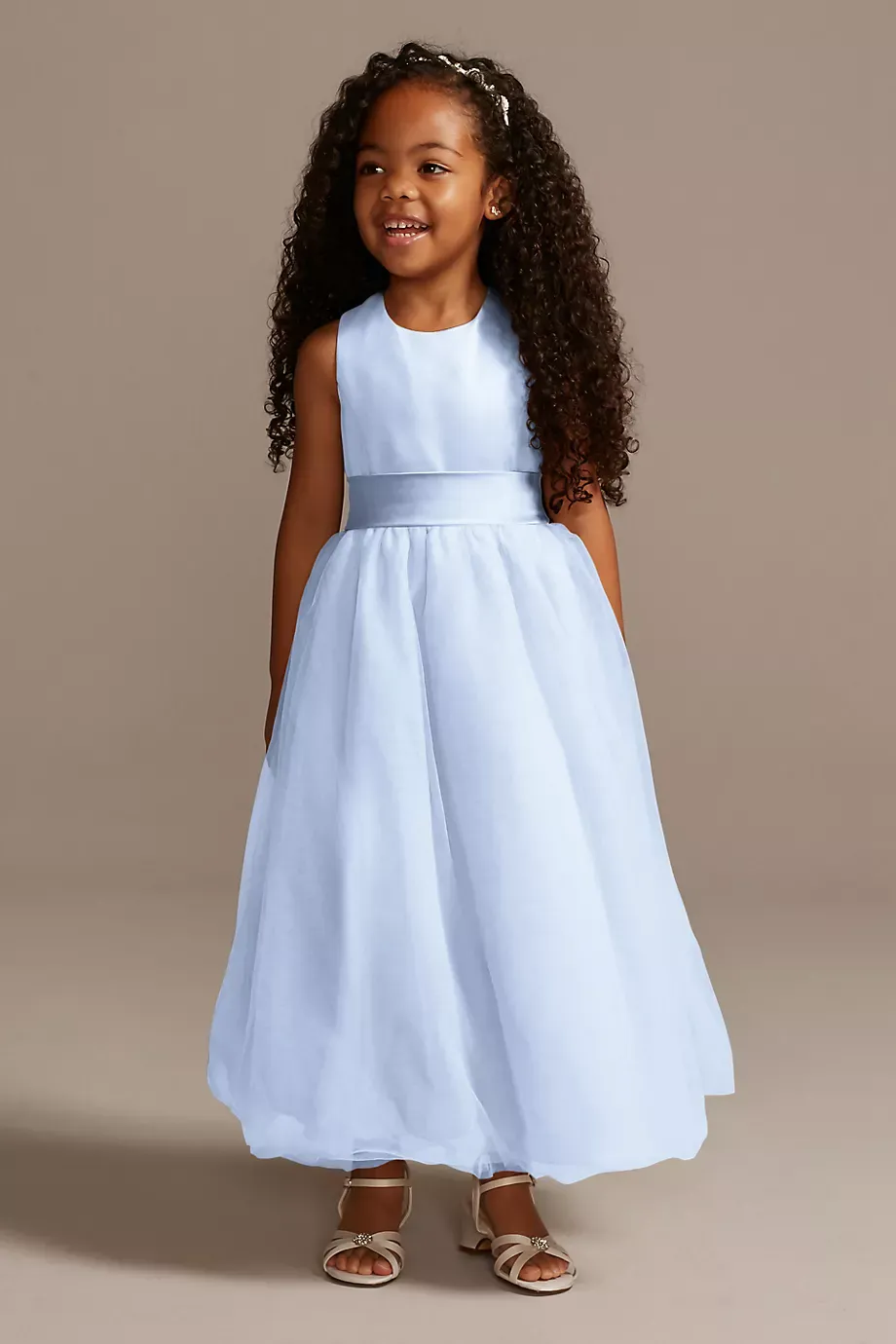 Satin Flower Girl Dress With Tulle Skirt in Ice Blue Size: 12M David's Bridal