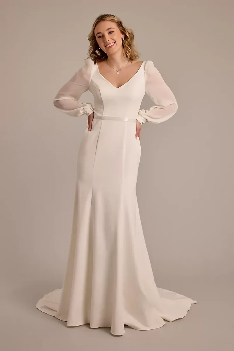 DB Studio Long Sleeve V-Neck Crepe Mermaid Wedding Dress in Ivory Size: 4 David's Bridal