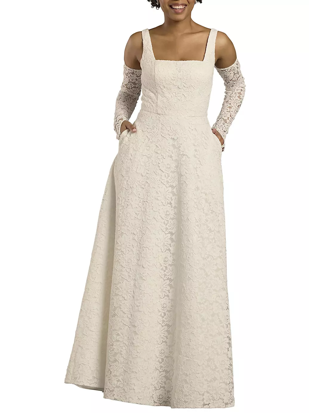 The Edit By DB Studio Tank Square Neck Lace A-Line Wedding Dress in Soft White Size: 8 David's Bridal