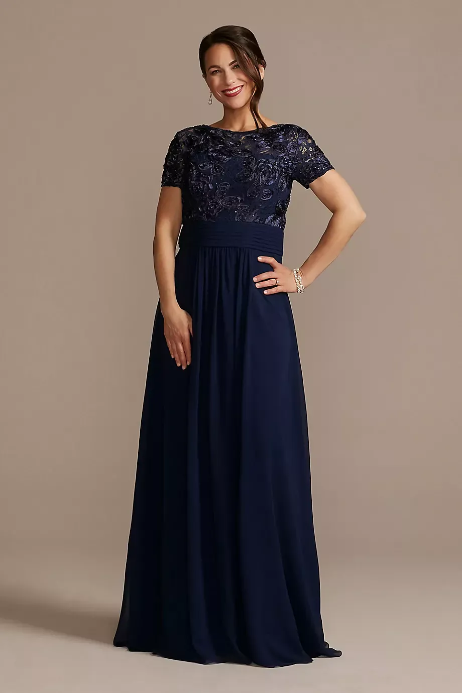 As Is Floor Length Sheath Gown With Lace Bodice in Marine Size: 2 David's Bridal