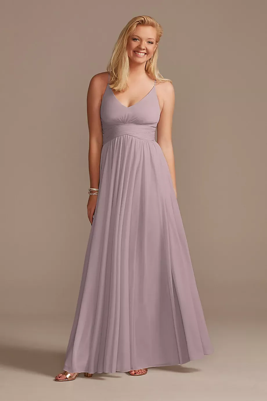 Celebrate DB Studio Mesh Cross Waist Spaghetti Strap Dress in Lavender Haze Size: 4 David's Bridal