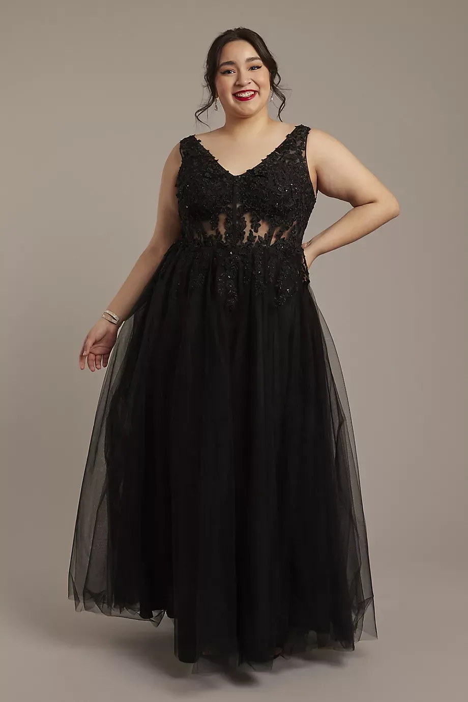 Galina Signature Appliqued Tulle A-Line Tank Dress in Black Size: 18 David's Bridal
