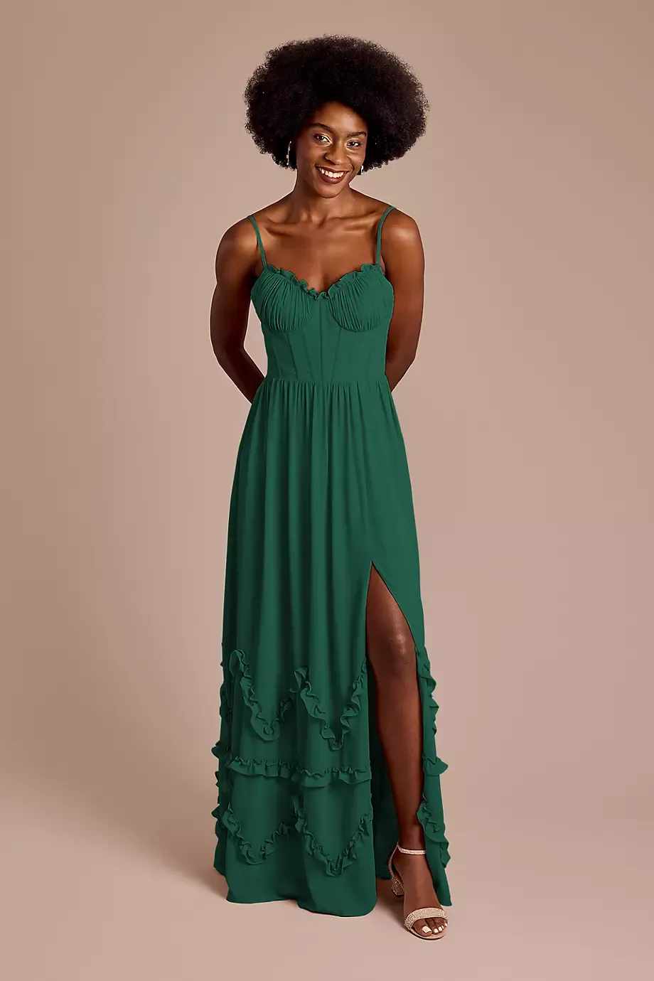 Celebrate DB Studio Ruffled Chiffon Spaghetti Strap Dress in Juniper Size: 14 David's Bridal