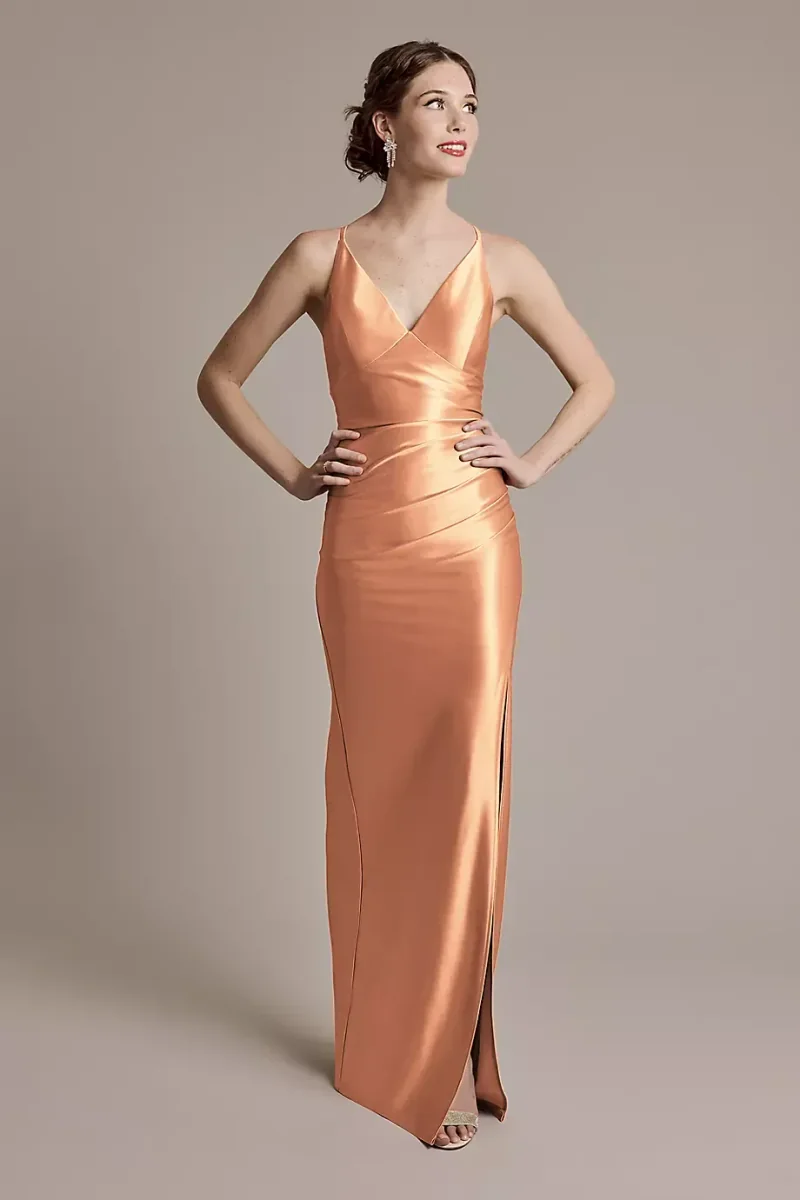 Celebrate DB Studio Sculpting Satin V-Neck Cross-Back Dress in Terracotta Size: 10 David's Bridal