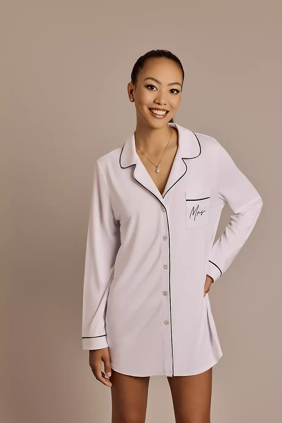 DB Studio Mrs Button Down Pajama Sleep Shirt in White Size: Large David's Bridal