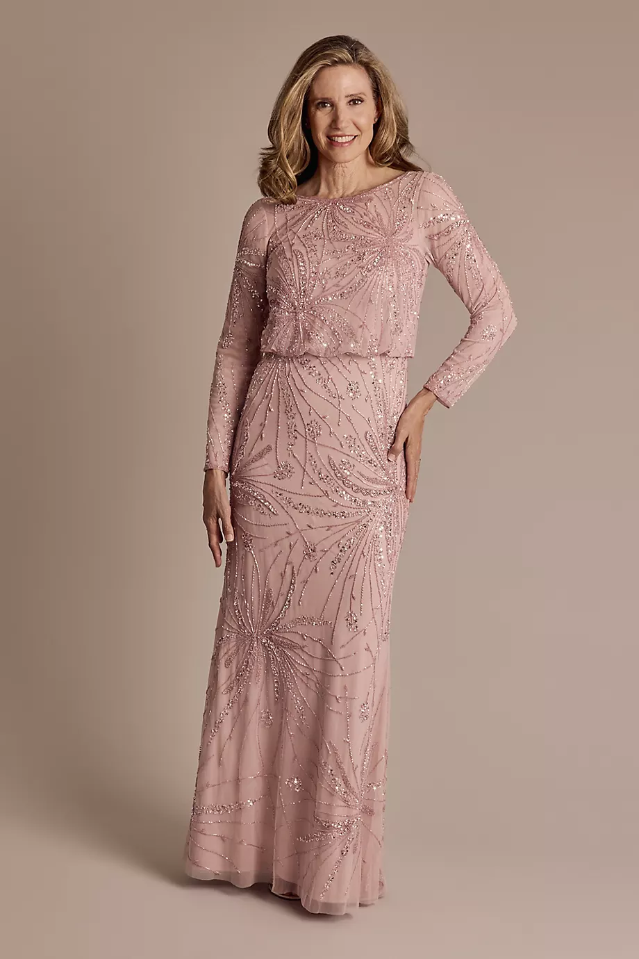 Oleg Cassini Long-Sleeve Beaded Blouson Top Sheath Dress in Dusty Pink Size: 6 David's Bridal