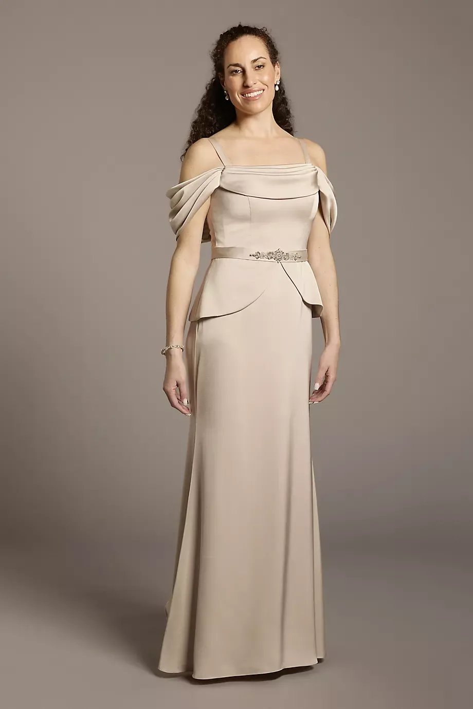 Oleg Cassini Off-The-Shoulder Matte Satin Belted Peplum Dress in Cashmere Size: 2 David's Bridal