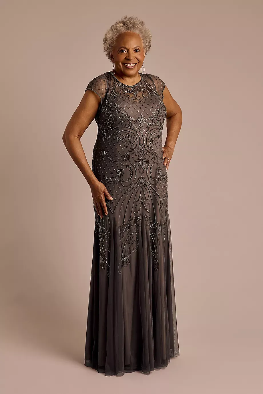 Oleg Cassini Cap Sleeve Beaded A-Line Dress in Mercury Size: 20W David's Bridal