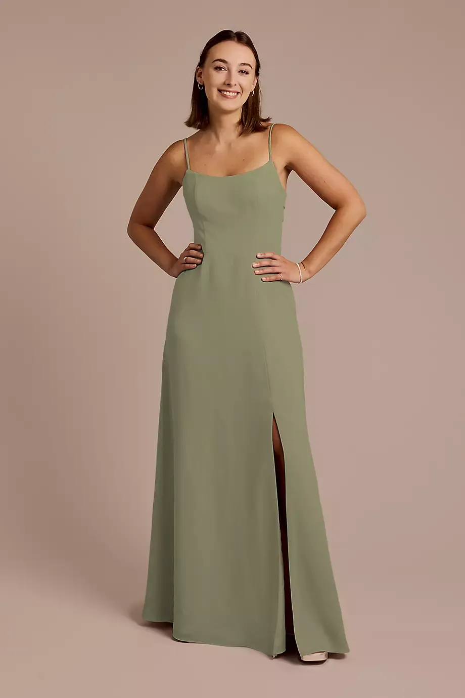 Celebrate DB Studio Spaghetti Strap Bow Back Chiffon Dress in Eucalyptus Size: 6 David's Bridal