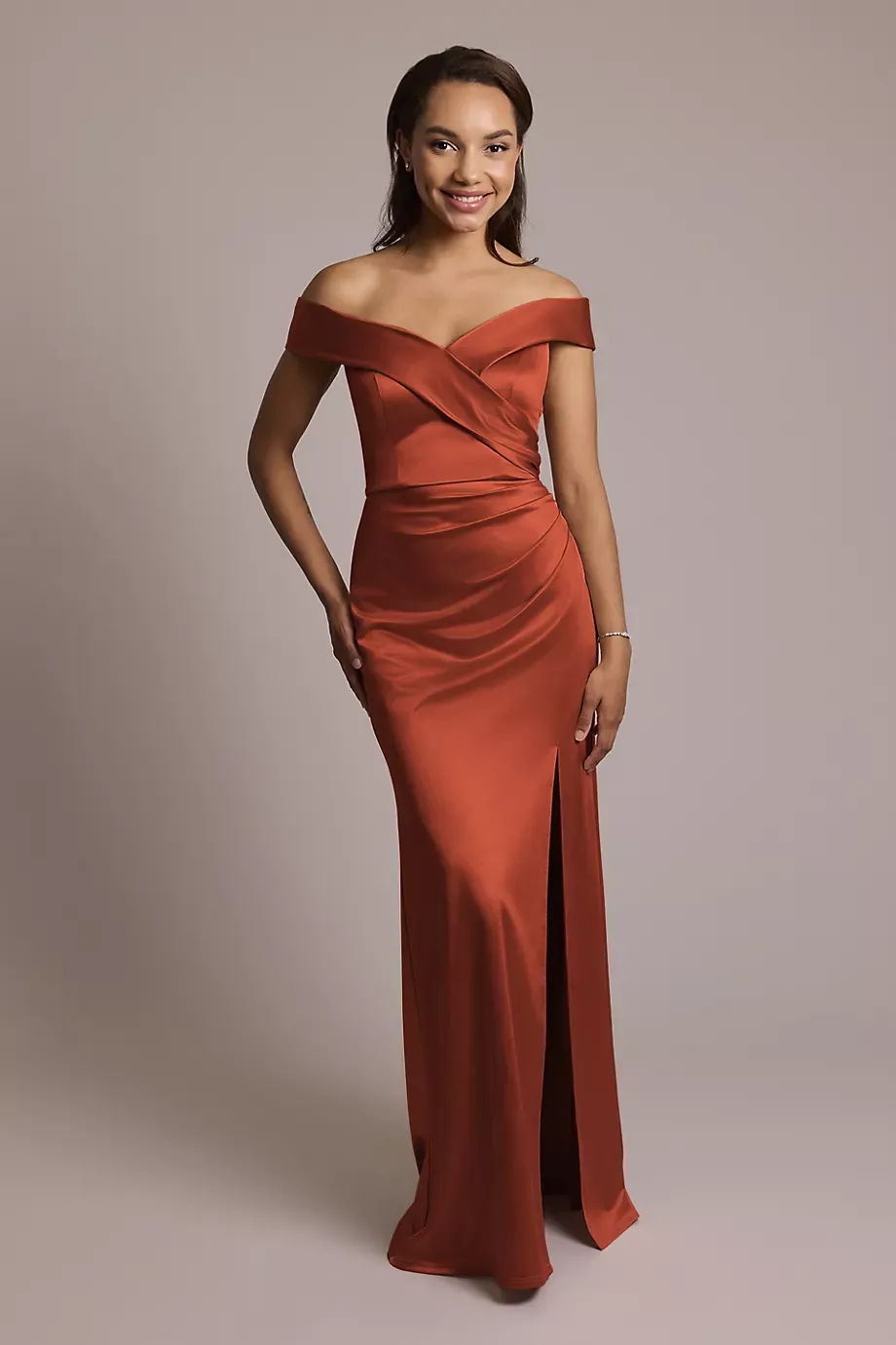 Celebrate DB Studio Sculpting Satin Cross-Front Dress in Cinnamon Size: 14 David's Bridal