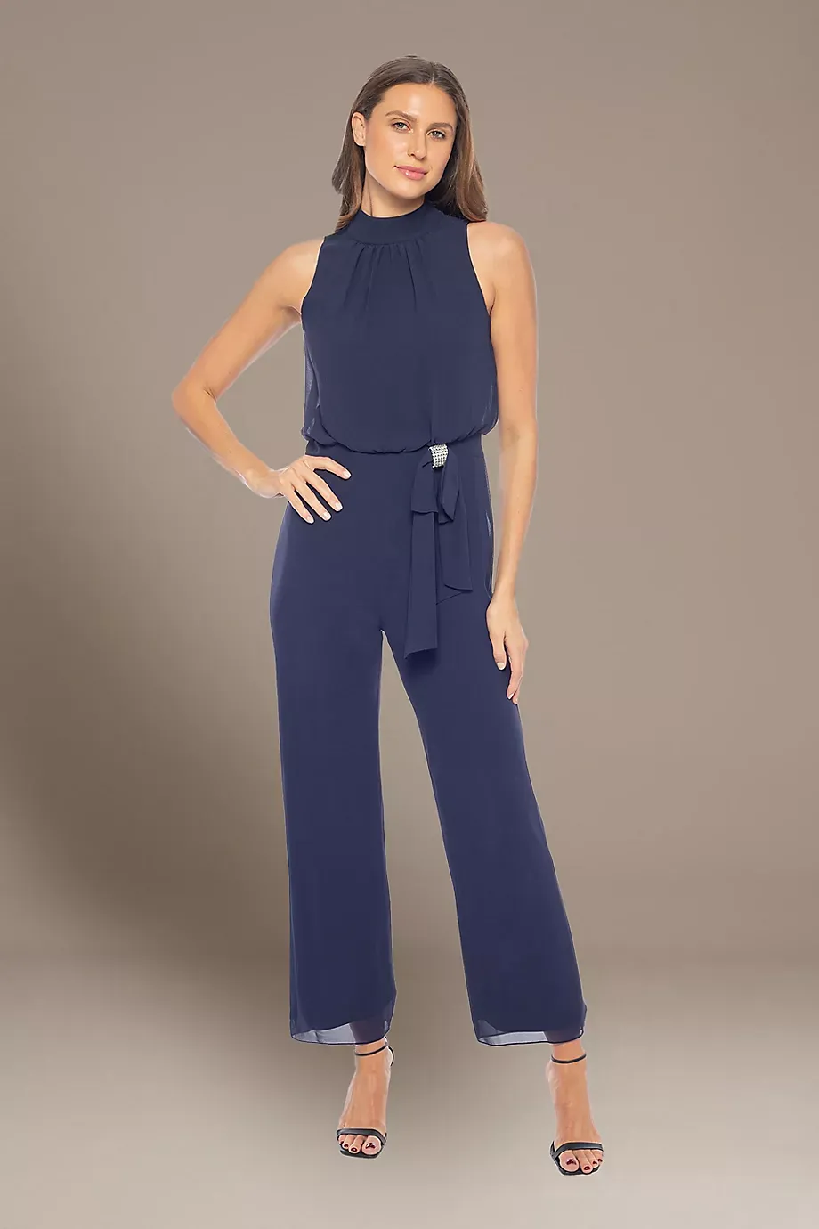 Marina High Neck Sleeveless Chiffon Jumpsuit in Navy Size: 10 David's Bridal