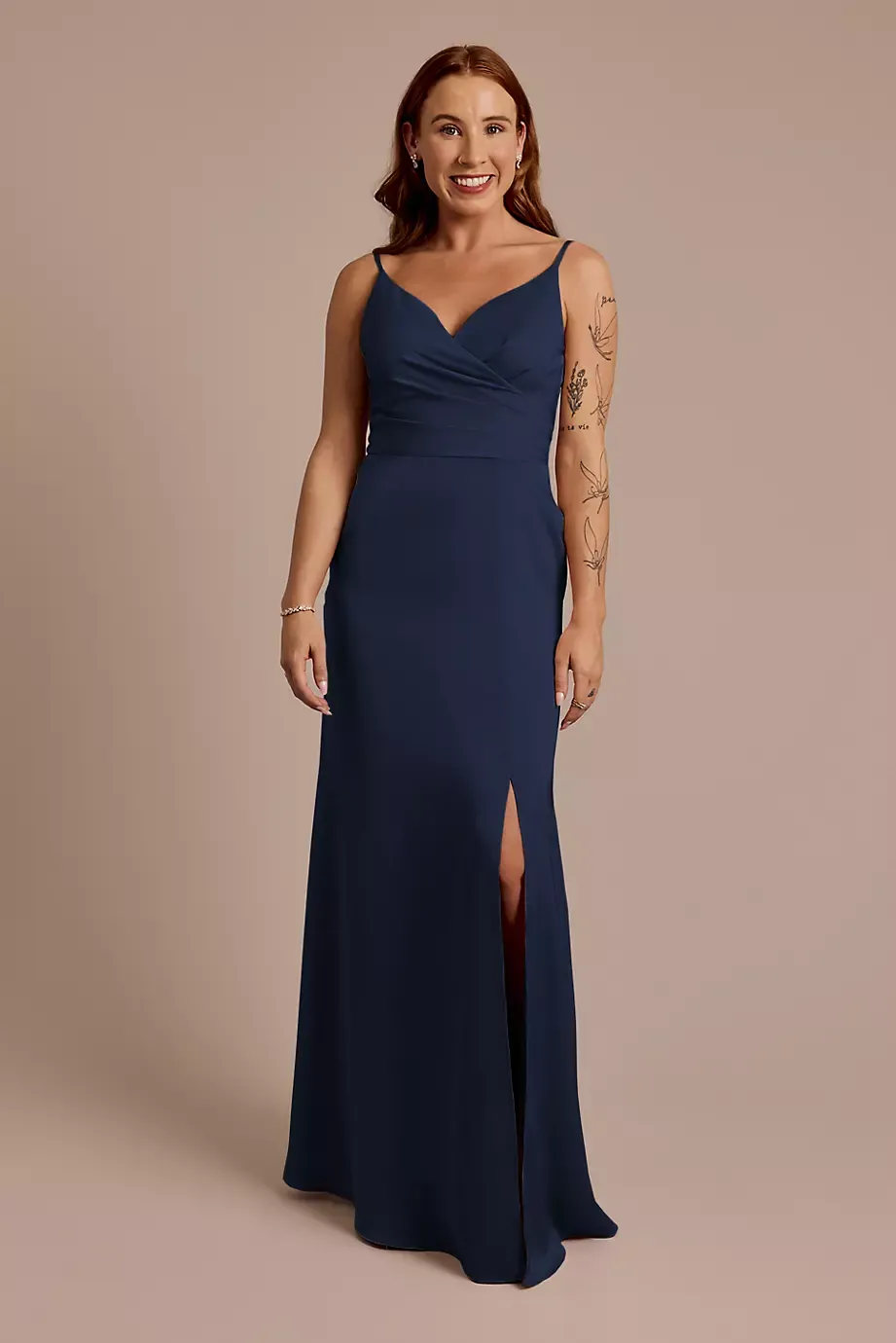 Celebrate DB Studio Matte Satin Spaghetti Strap Surplice A-Line Dress in Marine Size: 24 David's Bridal