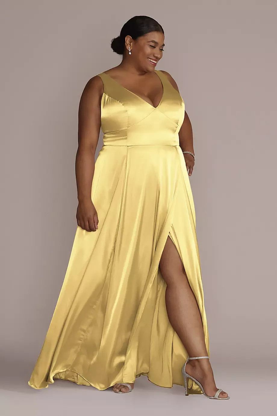 Galina Signature Charmeuse Tank V-Neck Dress With Slit in Pale Yellow Size: 24 David's Bridal