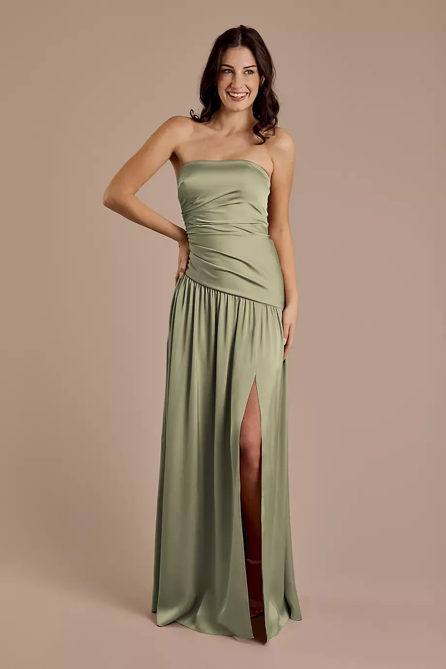 Galina Signature Matte Satin Strapless Drop Waist Dress in Eucalyptus Size: 14 David's Bridal