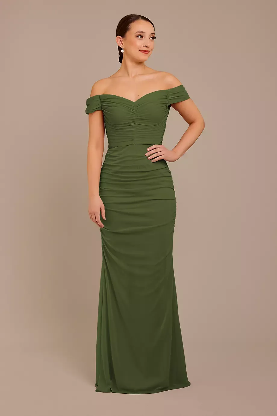 Celebrate DB Studio Mesh Off-The-Shoulder Ruched Bridesmaid Dress in Martini Olive Size: 16 David's Bridal