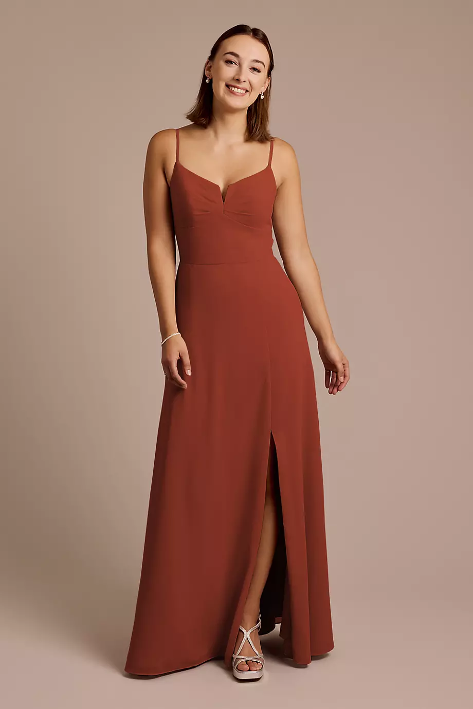 Celebrate DB Studio Chiffon Spaghetti Strap Sheath Dress in Cinnamon Size: 10 David's Bridal