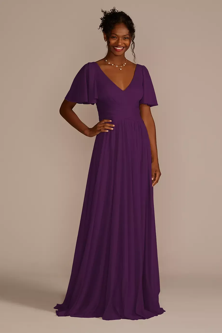 Celebrate DB Studio Flutter Sleeve Crisscross Mesh Dress in Plum Size: 2 David's Bridal