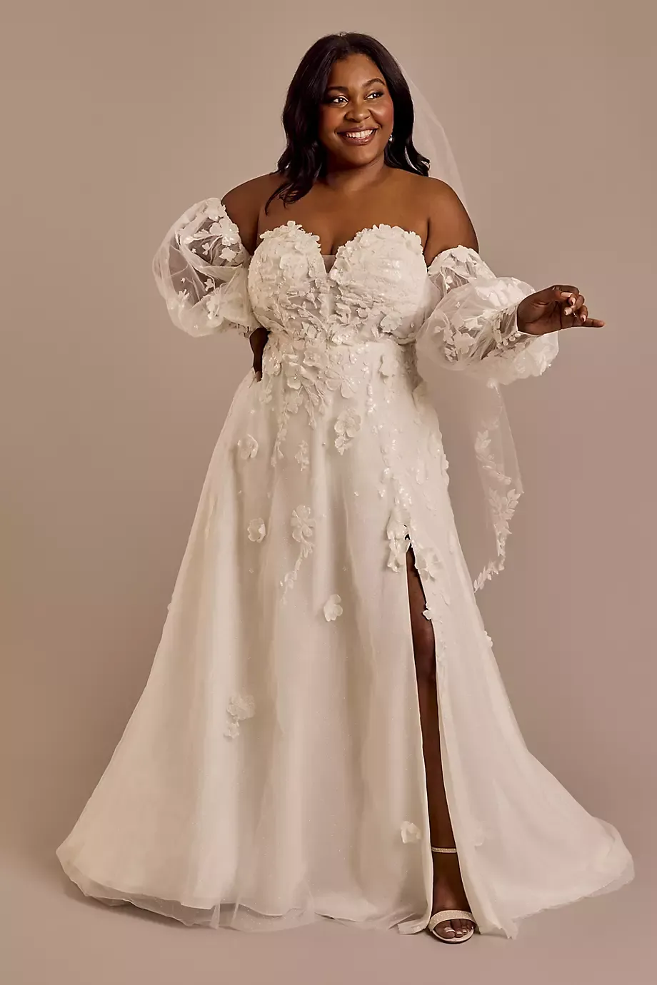 Melissa Sweet Off-The-Shoulder Long Billow Sleeve Wedding Dress in Solid Ivory Size: 20W David's Bridal