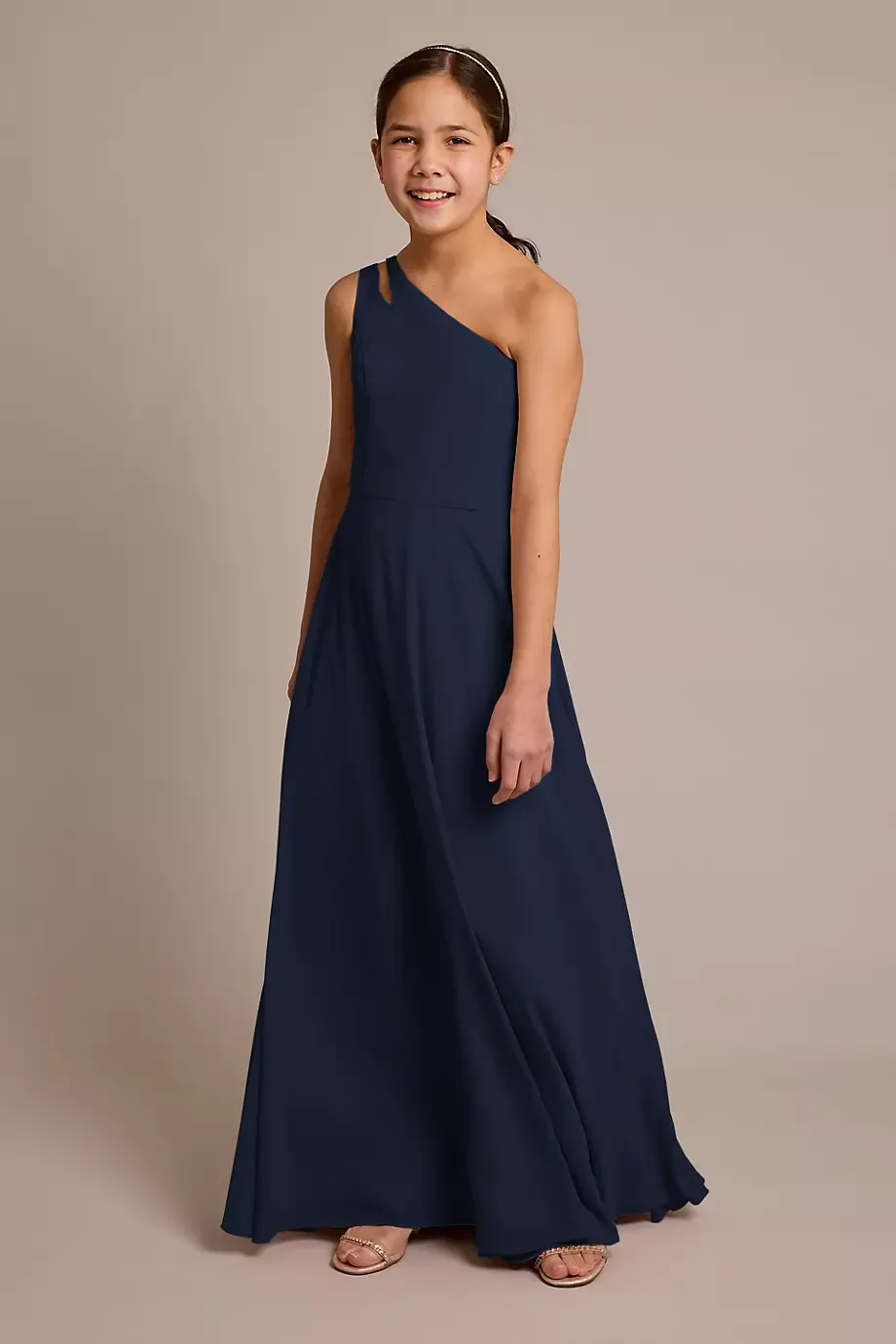 Celebrate DB Studio Chiffon One-Shoulder Junior Dress in Marine Size: 18 David's Bridal