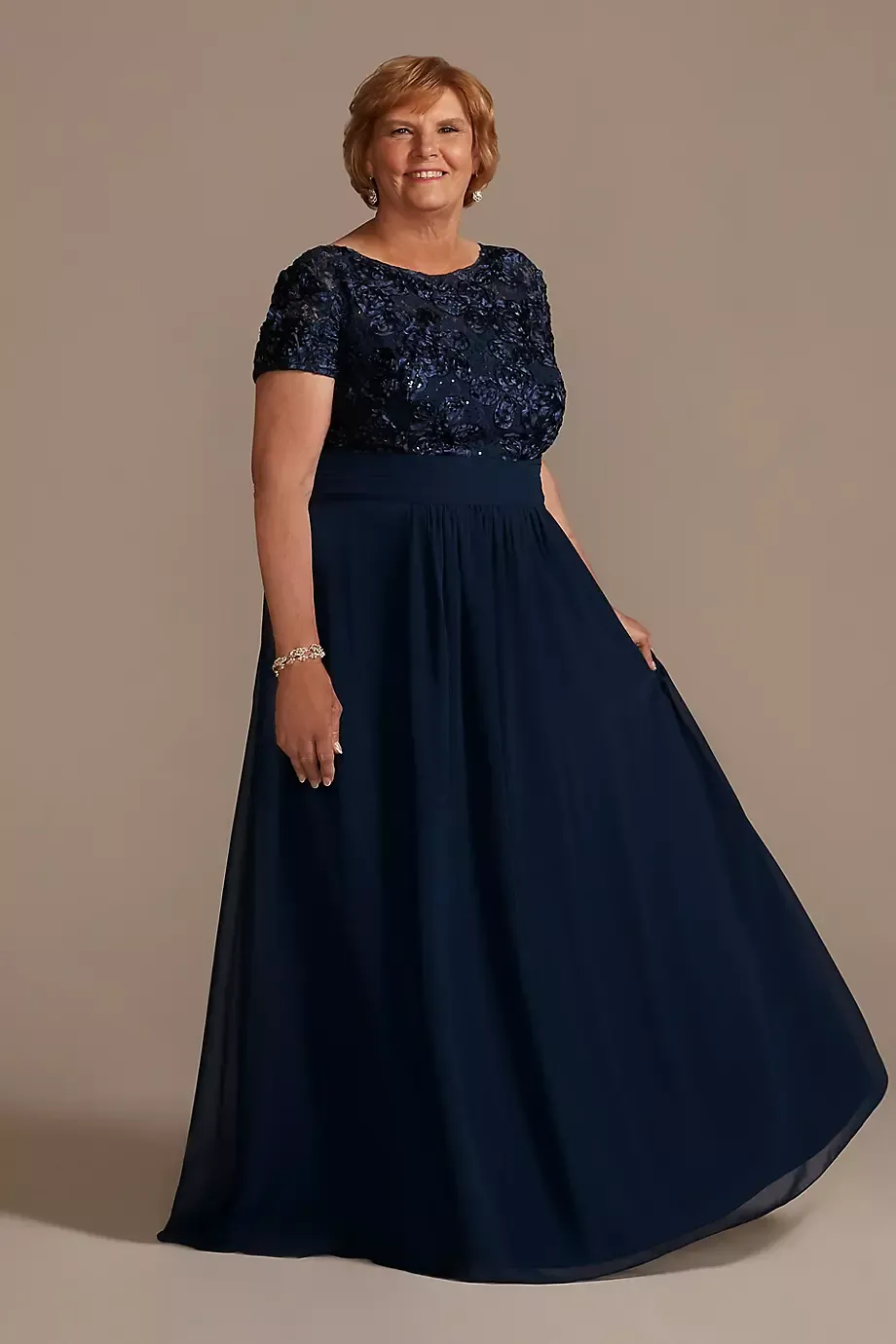 Oleg Cassini Floor Length Sheath Plus Gown With Lace Bodice in Marine Size: 22W David's Bridal