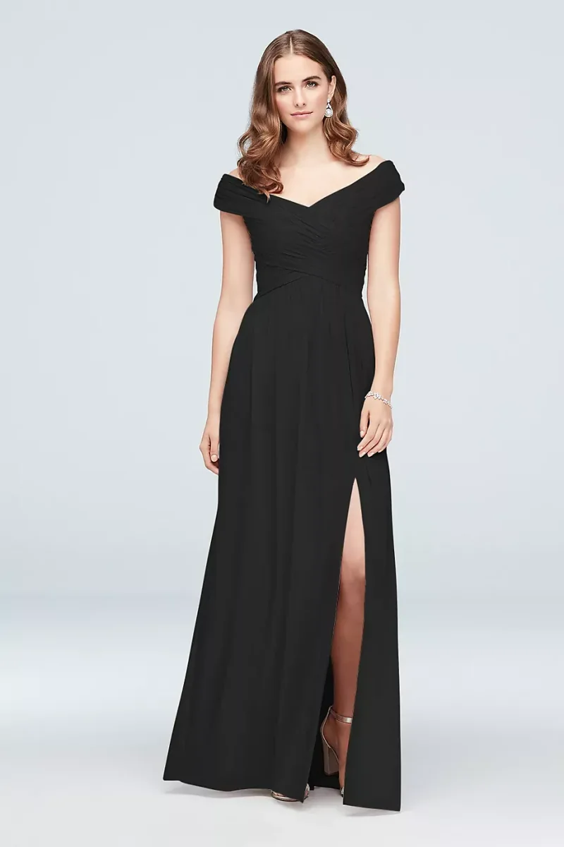 Celebrate DB Studio Crisscross Off-The-Shoulder Mesh Bridesmaid Dress in Black Size: 14 David's Bridal