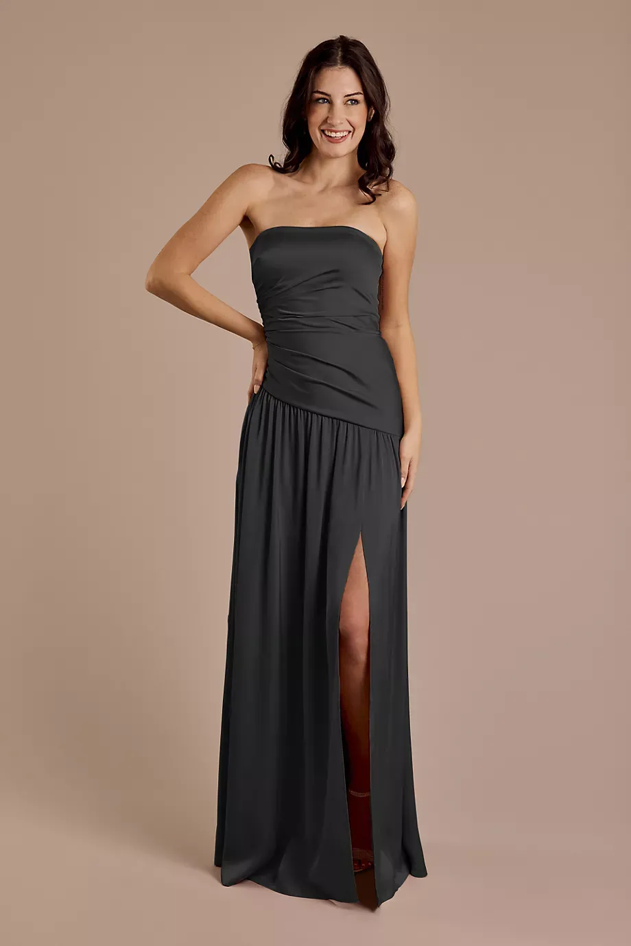 Galina Signature Matte Satin Strapless Drop Waist Dress in Black Size: 22 David's Bridal