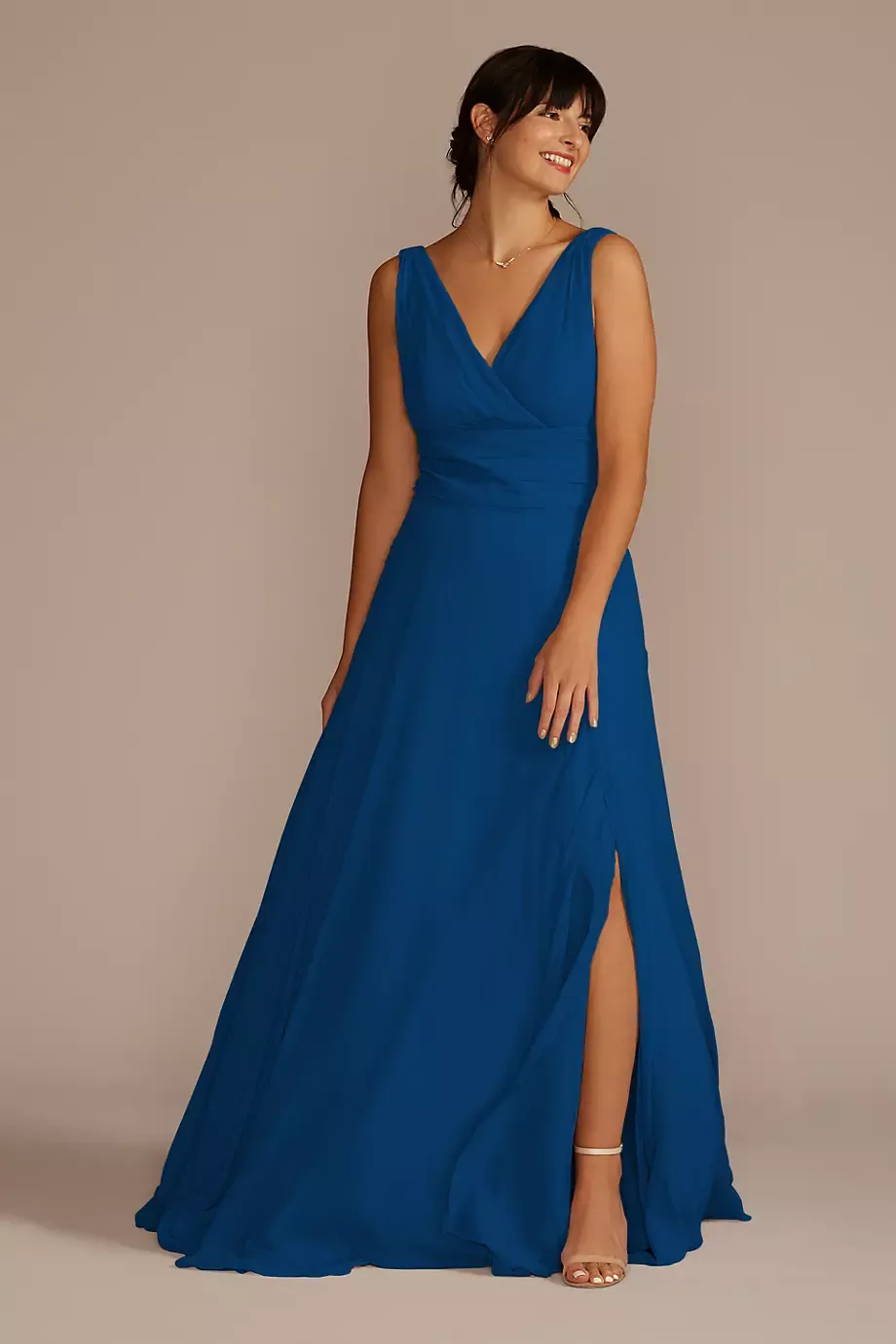 Celebrate DB Studio Long Chiffon Surplice Tank Dress in Sapphire Size: 10 David's Bridal