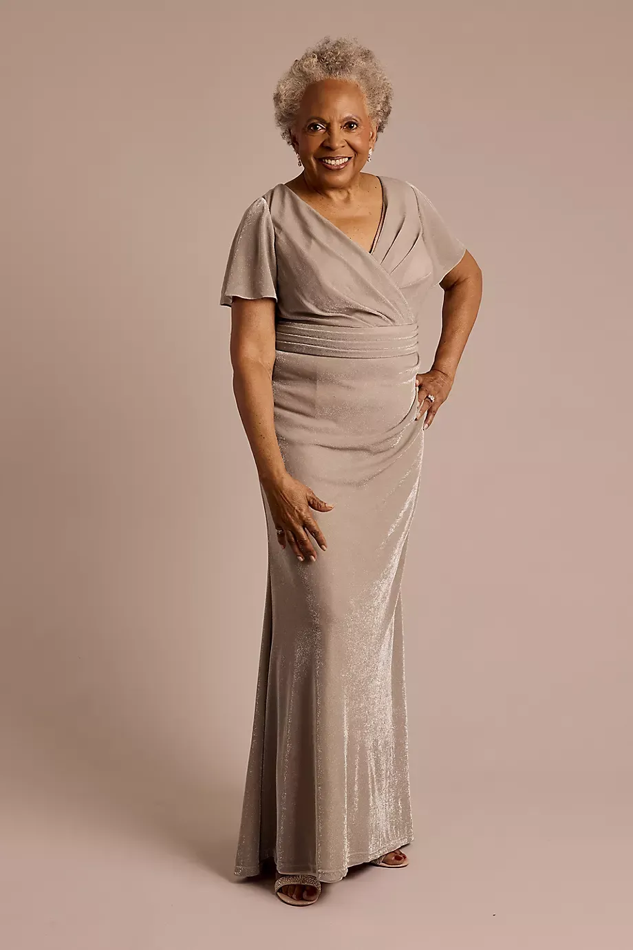 Oleg Cassini Flutter Sleeve Metallic Knit A-Line Dress in Taupe Size: 20W David's Bridal