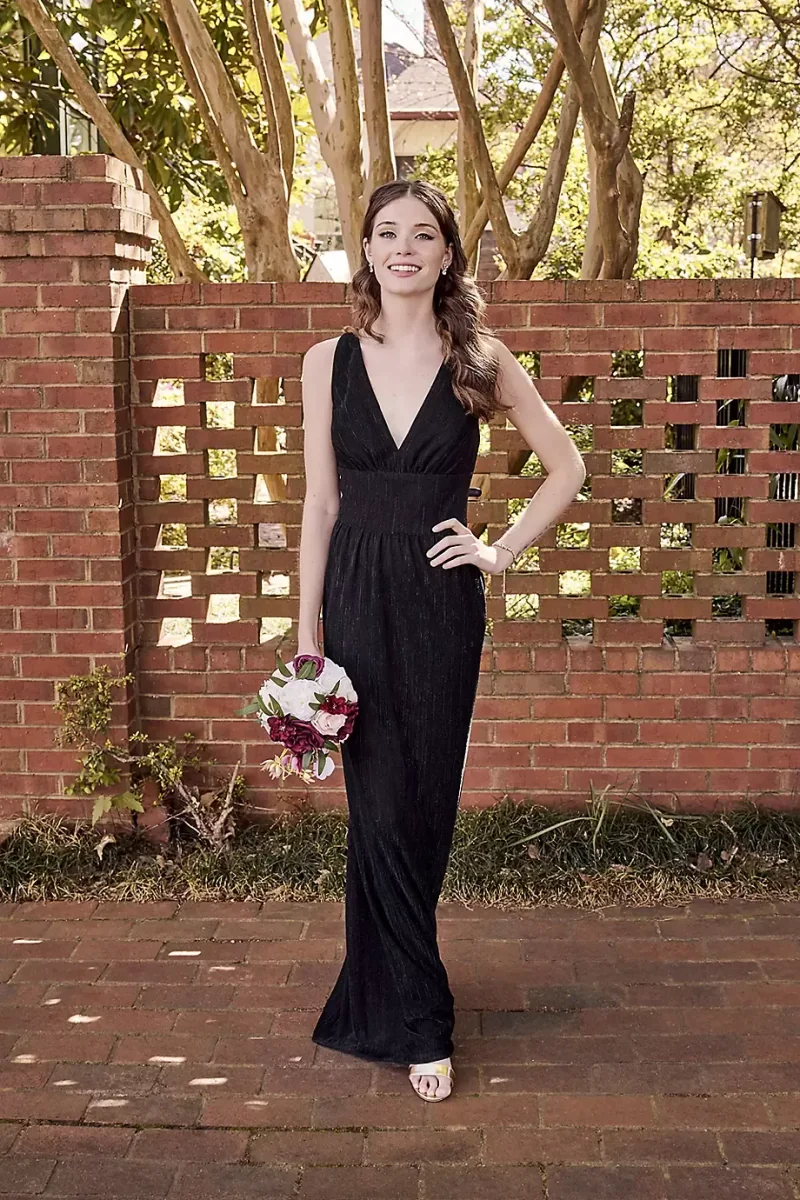 DB Studio Metallic V-Neck Pleated A-Line Dress in Black Size: 6 David's Bridal