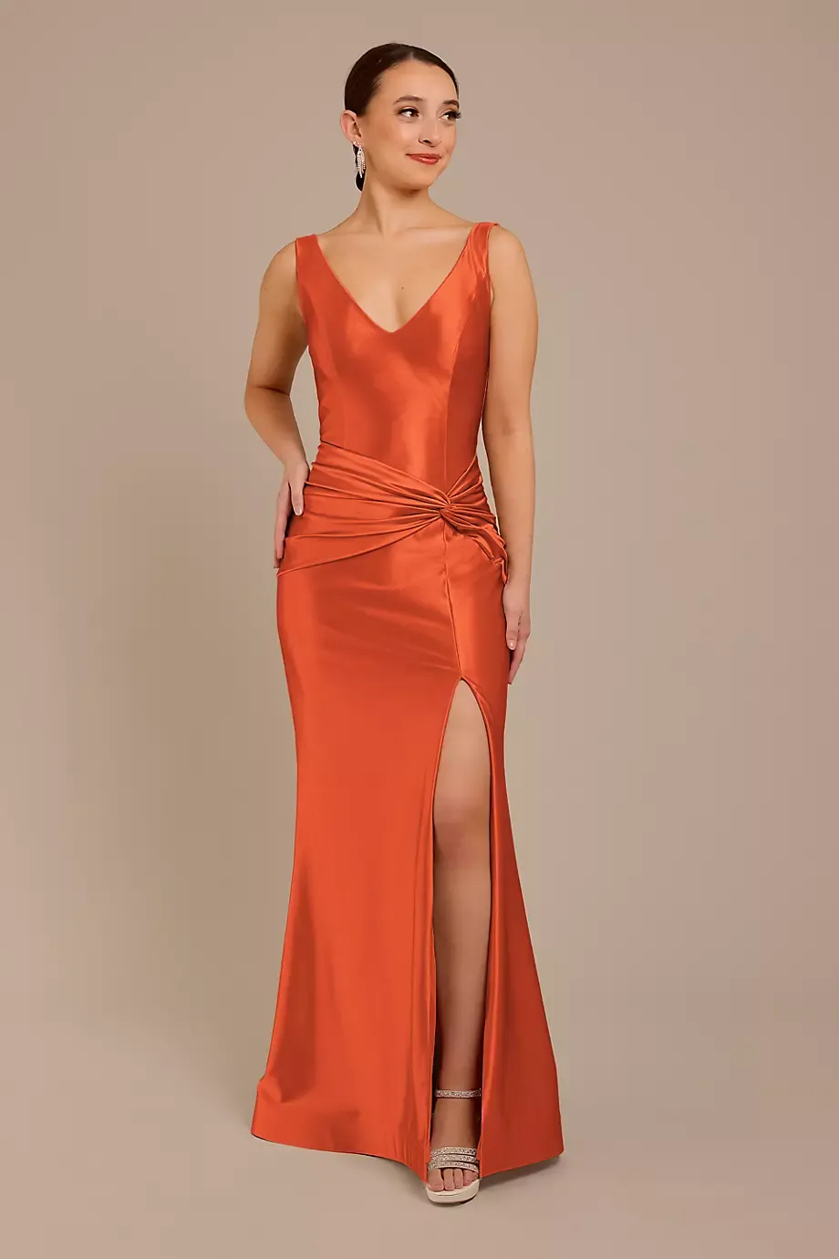 Galina Signature Sculpting Satin Tank Knot Dress in Sunset Coral Size: 0 David's Bridal
