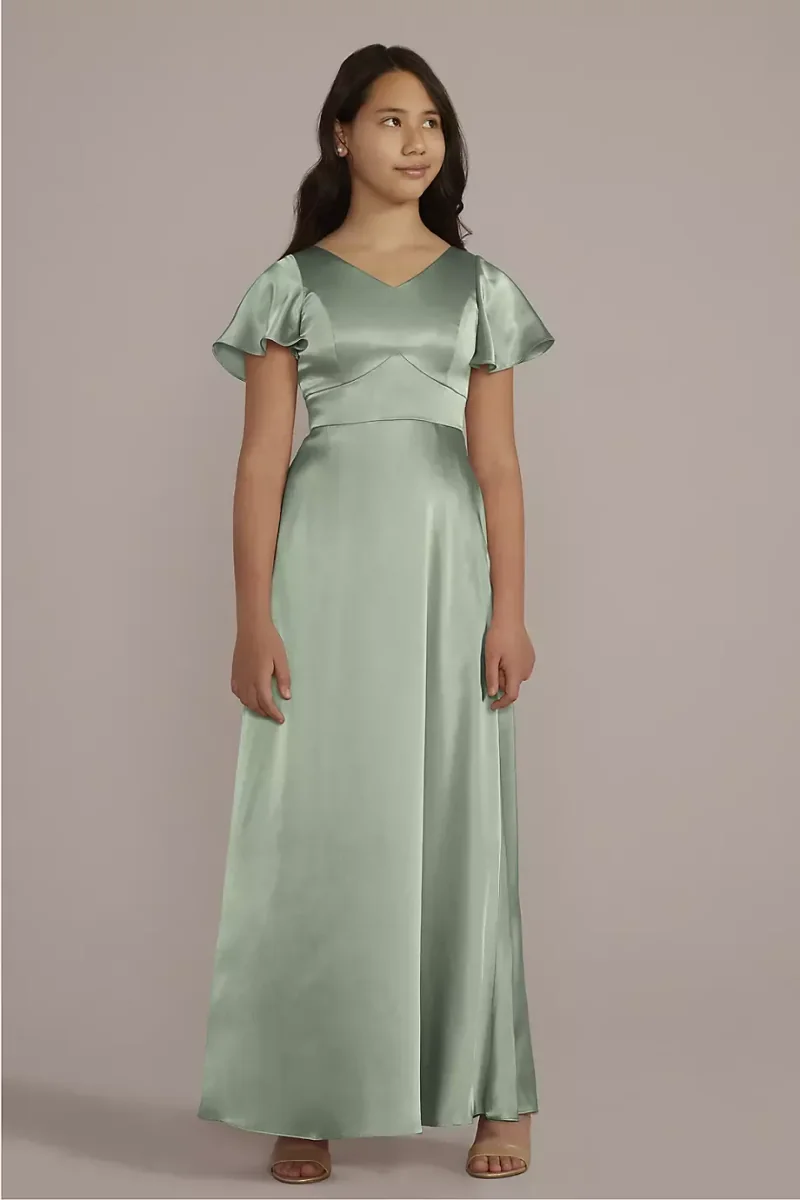 Galina Signature Charmeuse Flutter Sleeve Junior Bridesmaid Dress in Dusty Sage Size: 16 David's Bridal