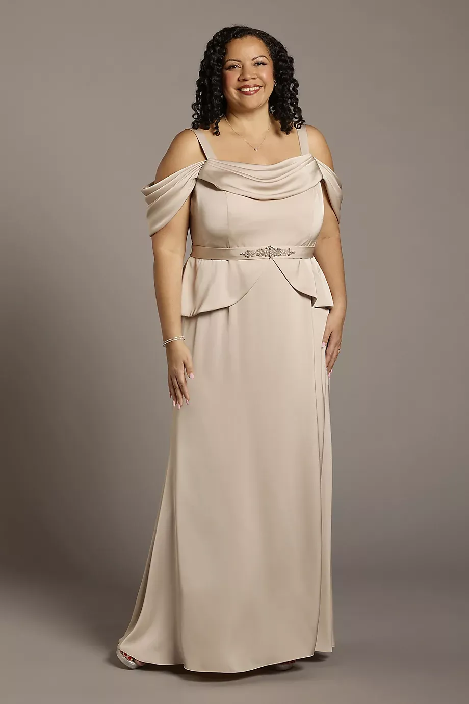 Oleg Cassini Off-The-Shoulder Matte Satin Belted Peplum Dress in Cashmere Size: 20W David's Bridal