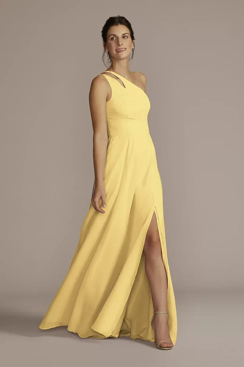 Celebrate DB Studio Chiffon One-Shoulder Cutout Dress in Pale Yellow Size: 22 David's Bridal
