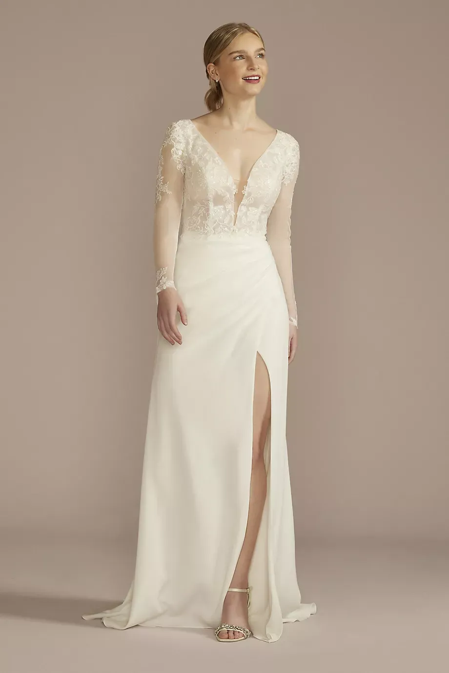 As Is Recycled Lace Sheer Long Sleeve Wedding Dres in Soft White Size: 8 David's Bridal